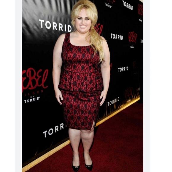 Torrid x Rebel Wilson Red&Black Lace Peplum Sheath Midi Dress Sz.26W - Picture 3 of 15